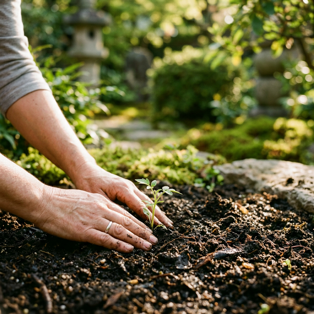 土に丁寧に苗を植える様子